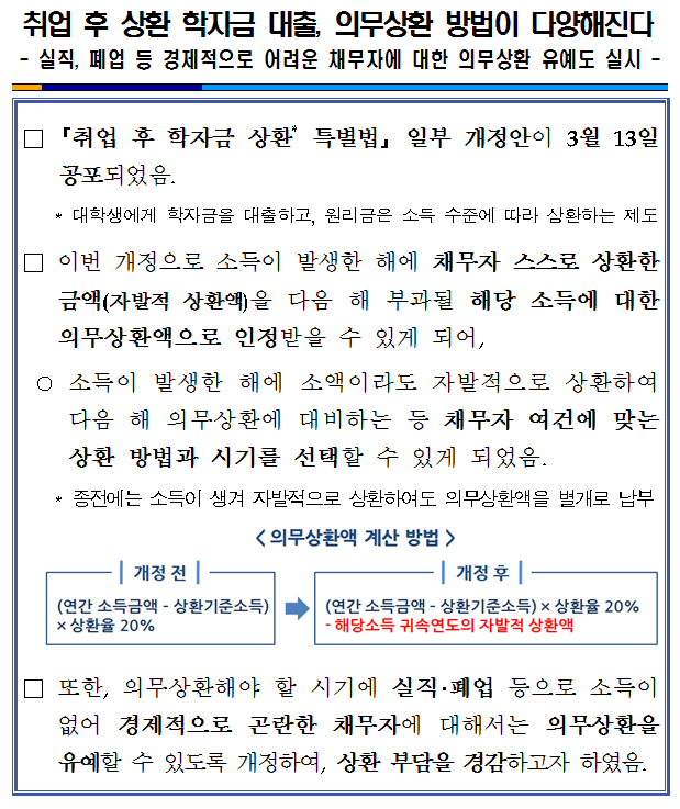 취업 후 상환 학자금 대출, 의무상환 방법이 다양해진다